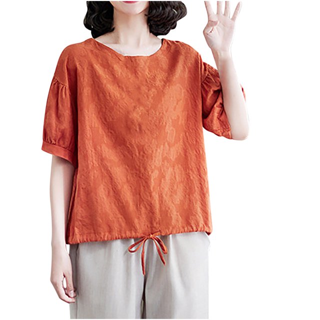 Timegard Womens Short Sleeve Tops Cotton Linen Round Neck Bottom Drawstring Back Button Casual Loose Tops