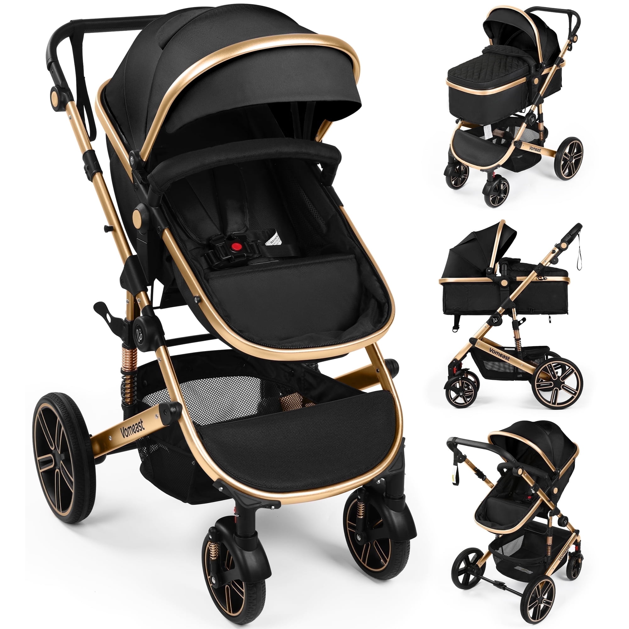Vomeast Baby Stroller, Foldable Aluminum Alloy Stroller with Reversible, Travel Stroller for Newborn Infant, Black
