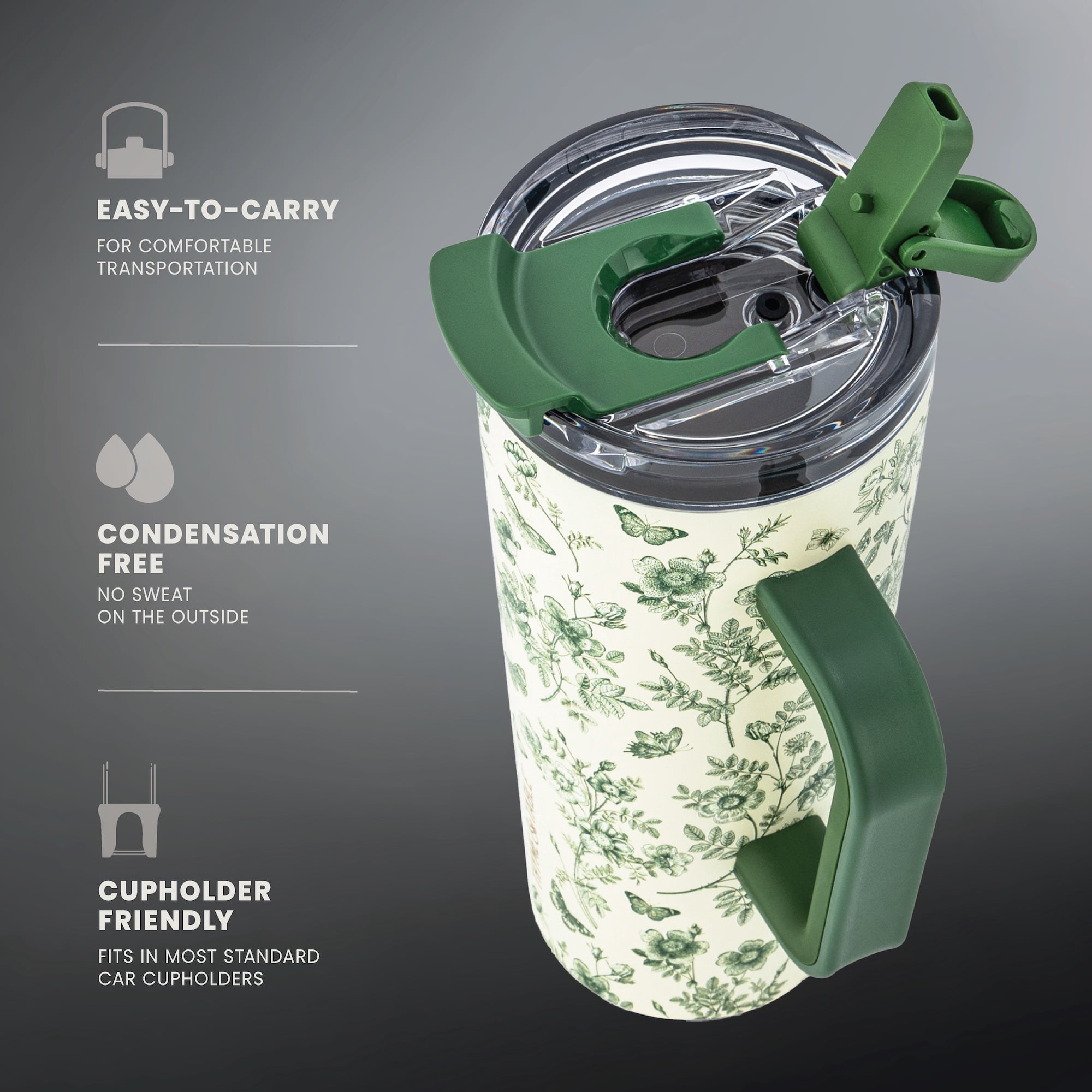 Thyme & Table 24oz Stainless Steel Luna Tumbler with Handle and Dual Straw Lid, Green Floral