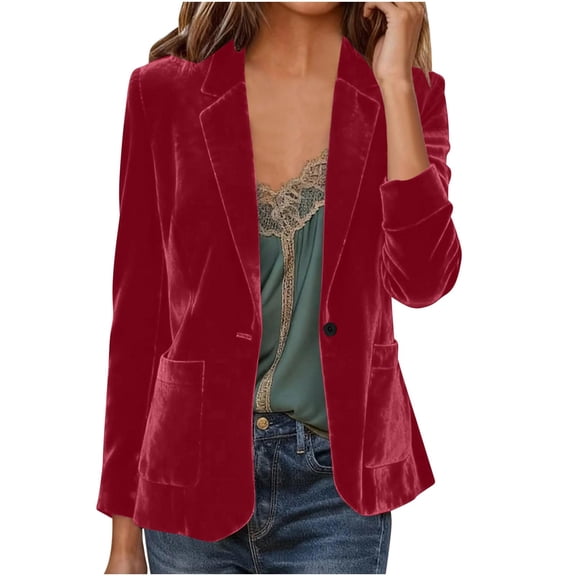 Women's Casual Velvet Blazer Notched Lapel Vintage Office Button Front Blazer Long Sleeve V Neck Jackets Coat Blazers