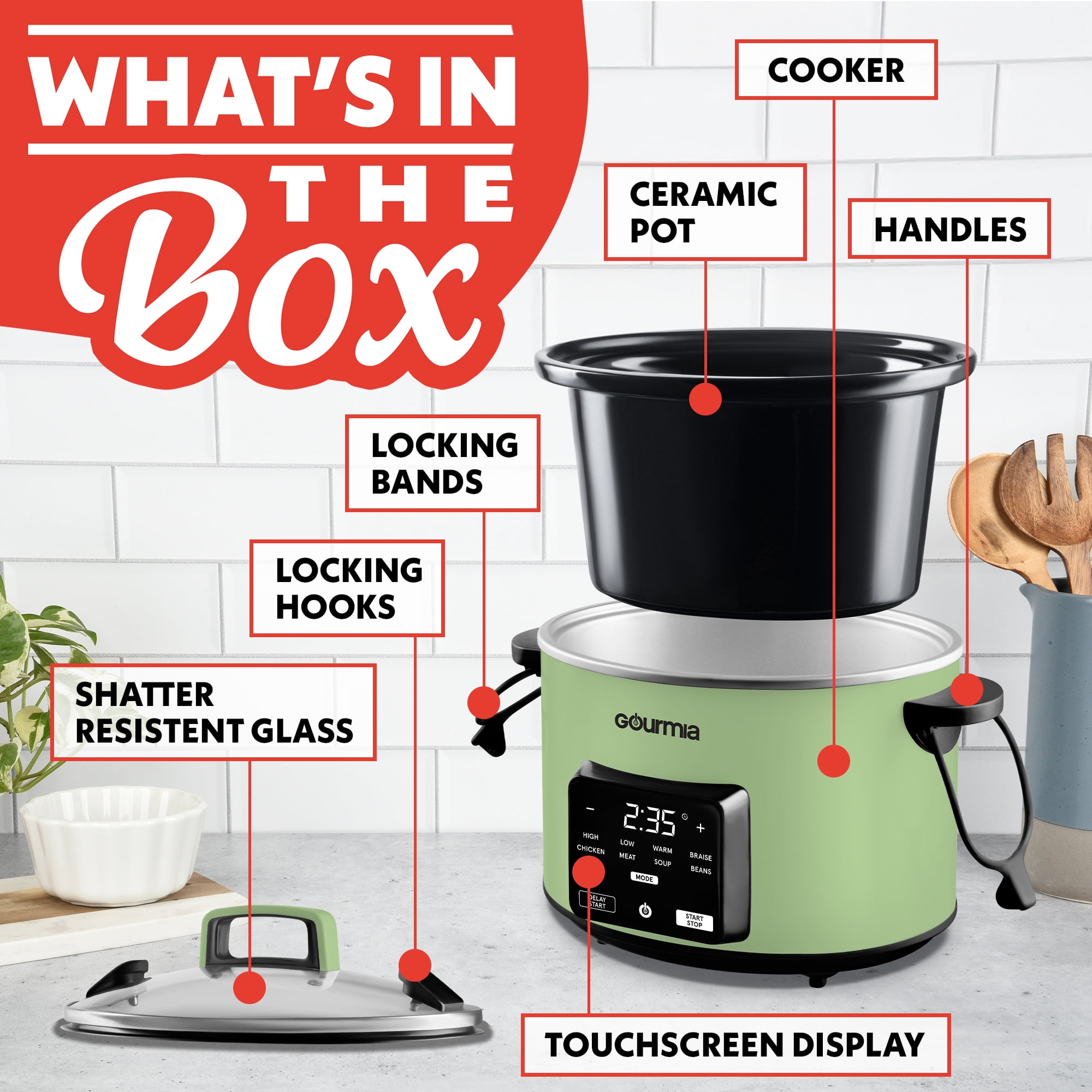 Gourmia 4.5 QT Programmable Slow Cooker, 5 Presets, Keep Warm, Green
