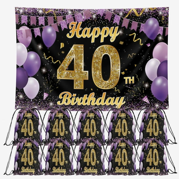 OdeJous Happy 40th Birthday Party Supplies,10 Pieces Happy 40th Birthday Candy Drawstring Bag Include Birthday Backdrop 7x5FT, Drawstring Goodie Favor Bags for Birthday Party Decorations(10.6 x 13.3