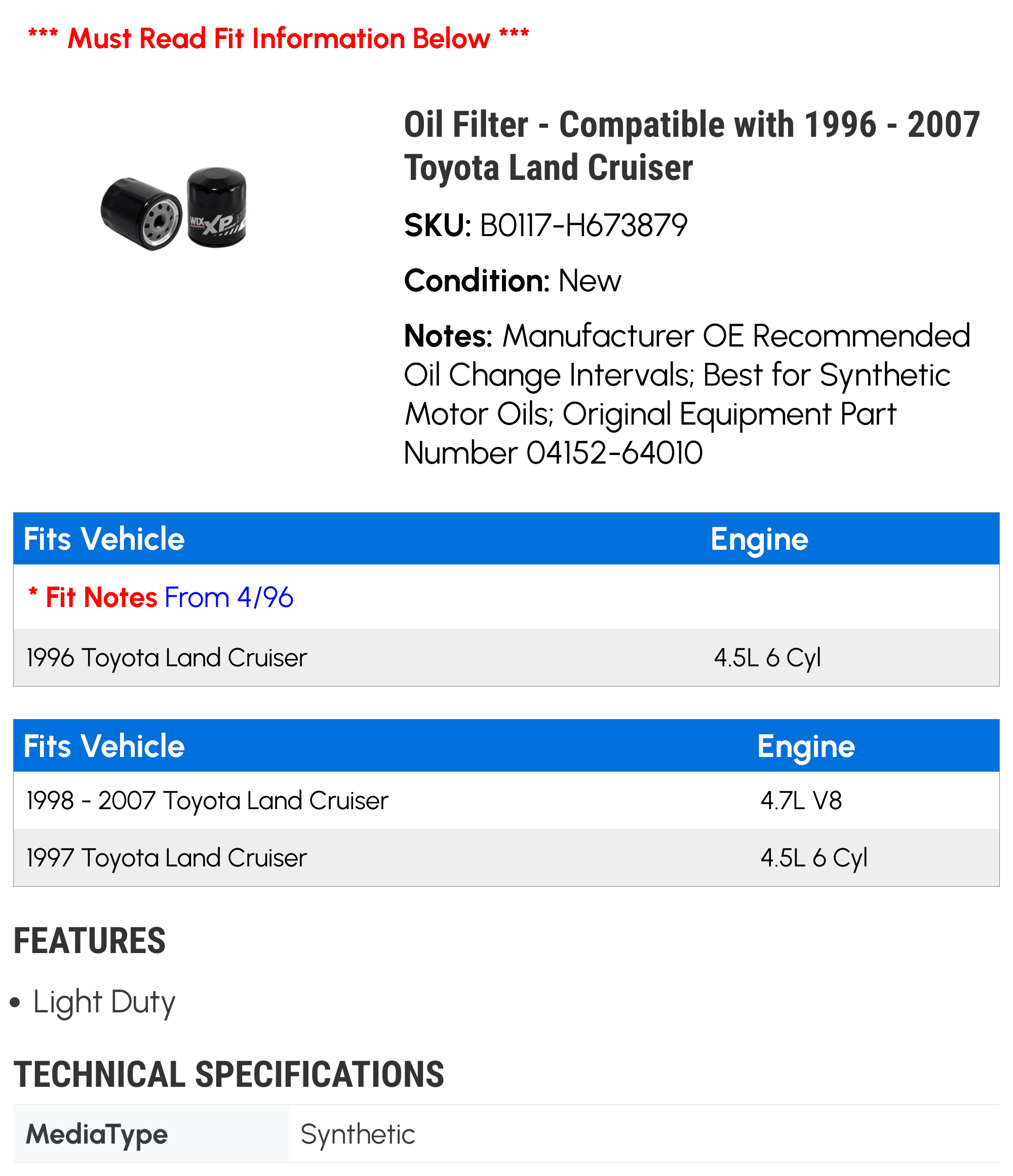 Oil Filter - Compatible with 1996 - 2007 Toyota Land Cruiser 1997 1998 1999 2000 2001 2002 2003 2004 2005 2006