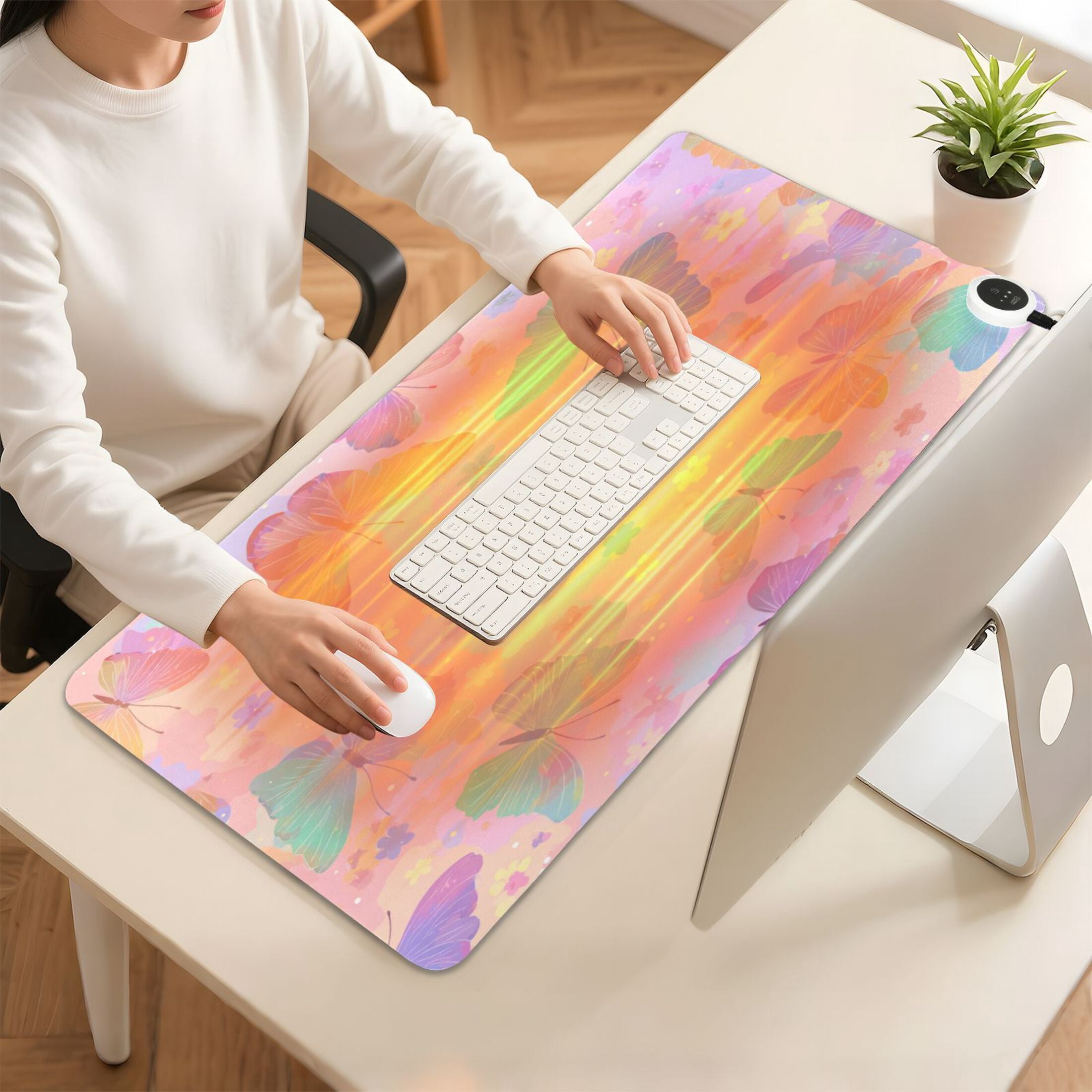 Large Heated Desk Mat Mouse Pad 31.5"x13"PU Leather Graphene Heating Desk Warmer with 3 Temperature Settings 110V US Plug Non-Slip Warm Pad for Home, Office, and Gaming Peach Pastel Butterfly Flutter