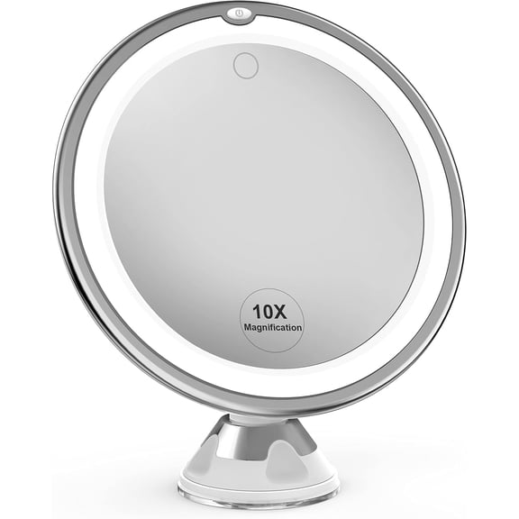10x Magnifying Lighted Makeup Mirror with Touch Control, Powerful Locking Suction Cup, and 360 Degree Rotating Arm, Magnifying Mirror with Lights for Home, Bathroom Vanity and Travel
