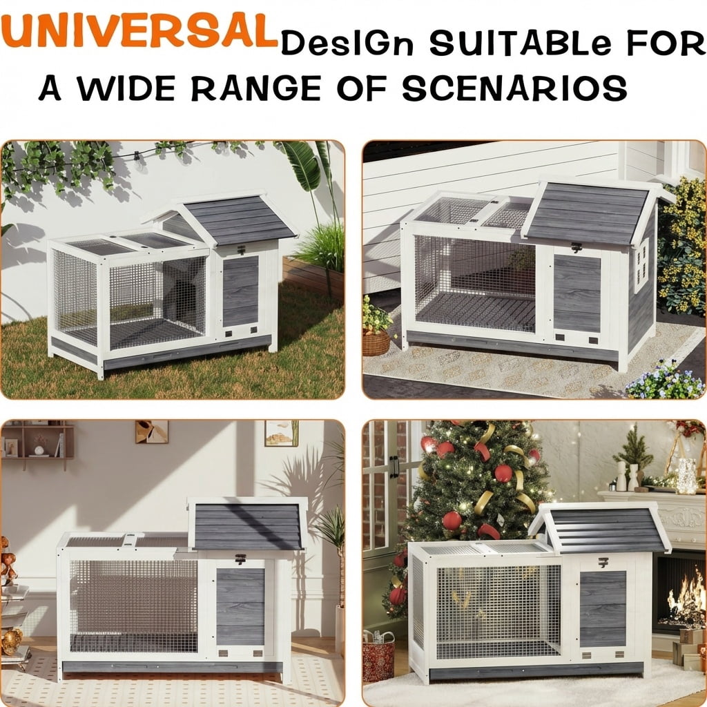 Home Outdoor Wooden Rabbit Hutch, 34'' Indoor Large Rabbit Cage with Nesting Box Chicken Coop Expandable, Weatherproof Bunny Cage with Anti-Chew Metal Frame Ramp for Backyard Small Animals