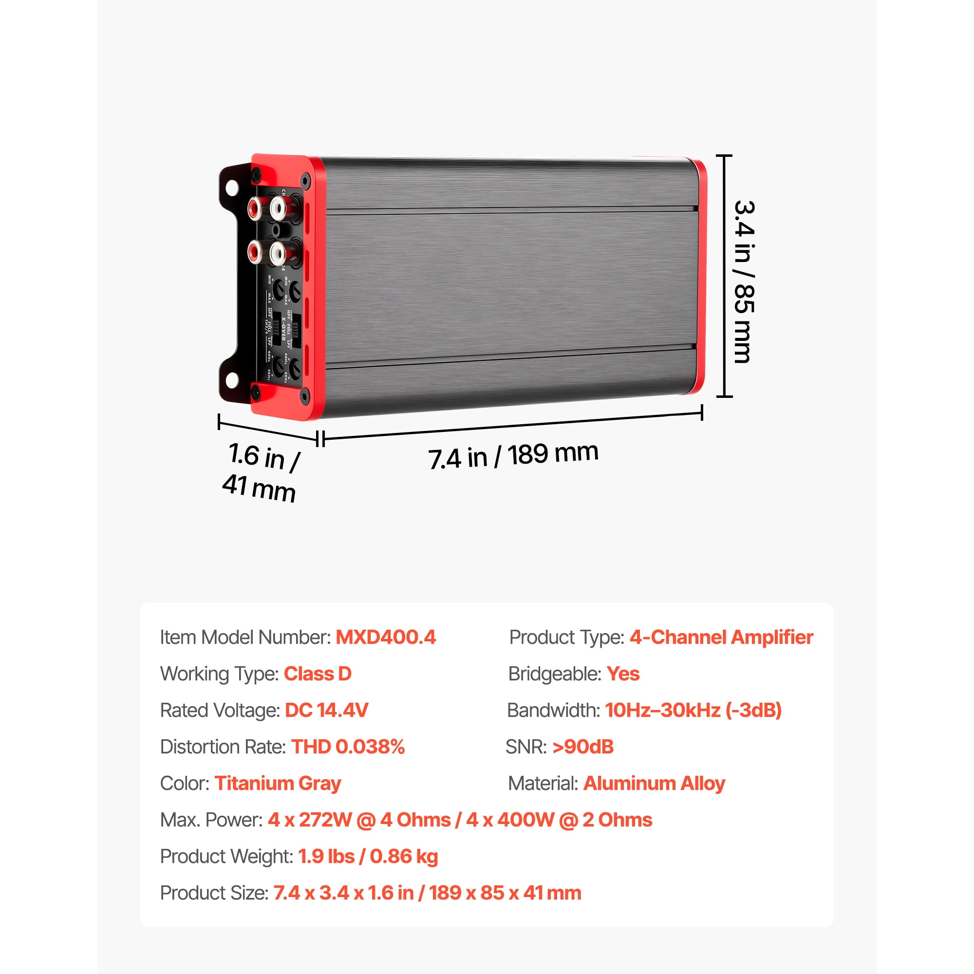 KFFKFF 4 Channel Car Audio Amplifier, 2 Ohm Stable, Bridgeable Class D Full Range Amp, Max Power 4 x 272W @ 4 Ohm / 4 x 400W @ 2 Ohm for Vehicles