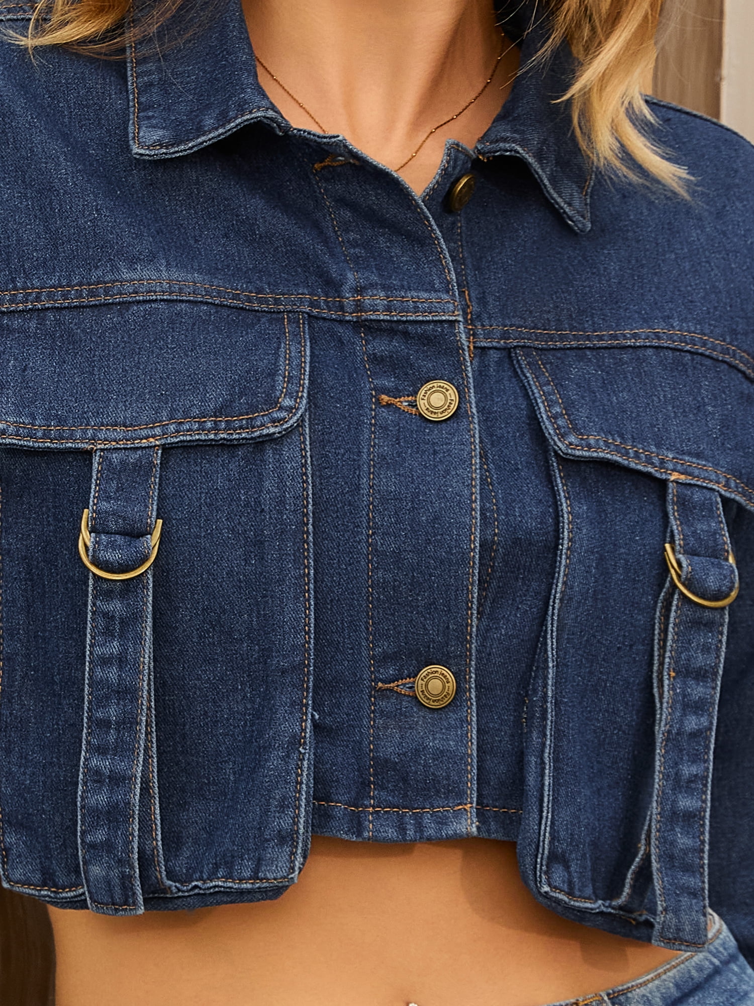 DARING DIVA Women's Button Down Cargo Washed Jean Jackets L Dark Blue
