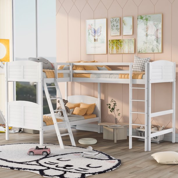 LShaped Twin over Twin Bunk Bed and Twin Size Loft Bed with Ladders