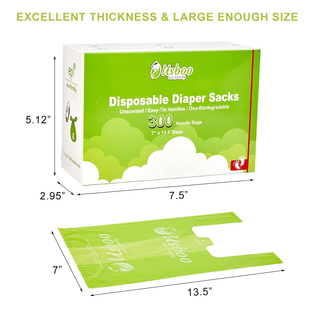 Baby Disposable Diaper Bags,300 Count -Biodegradable Diaper Sacks,Easy-Tie Handles,Diaper Disposal or Pet Waste Bags, Unscented