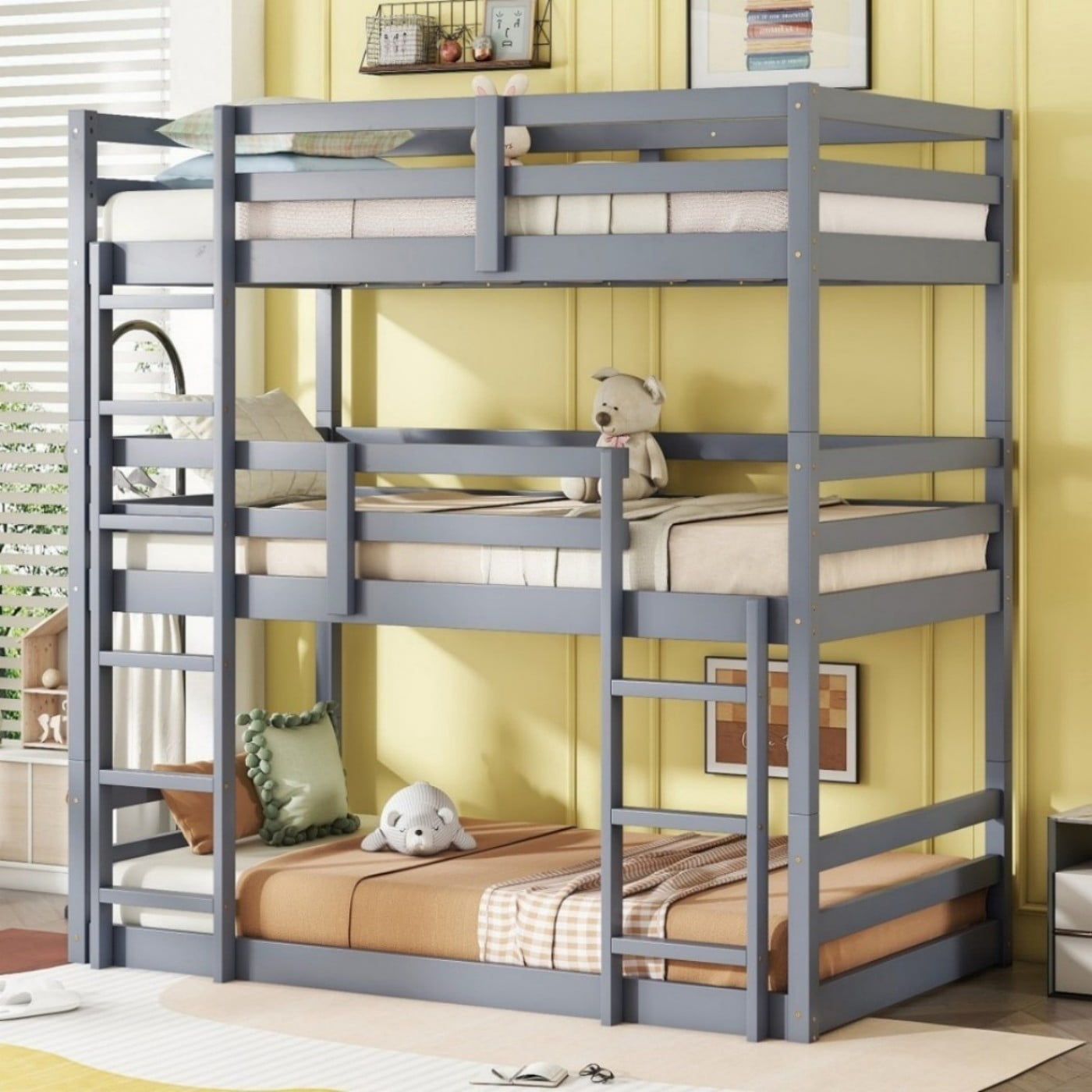 Triple Twin Bunk Bed, Rubber Wood Twin Over Twin Over Twin Bunk Bed with 2 Built-In Ladders & Guardrails, Detachable 3 Twin Beds, Gray