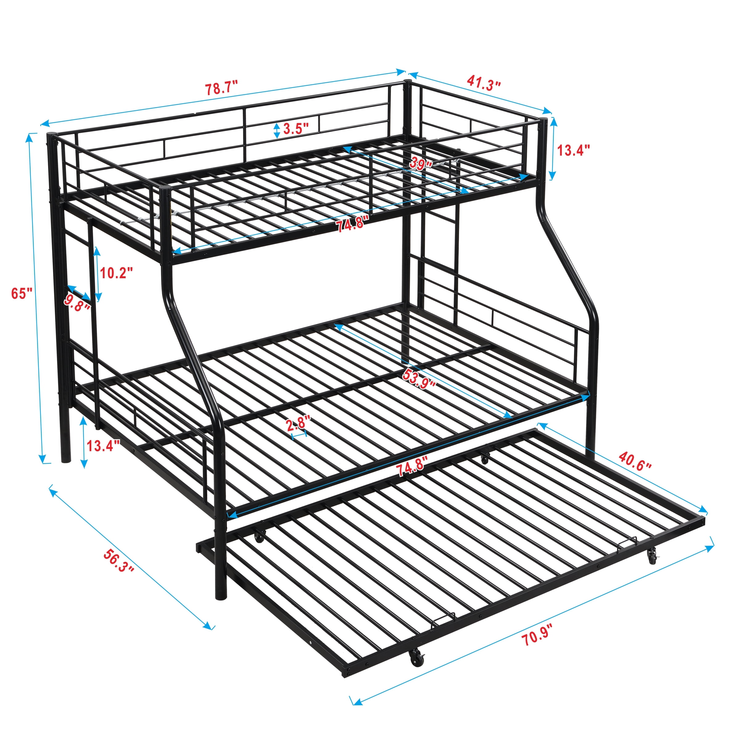 Twin Over Full with trundle Metal Bunk Bed, No Box Spring Needed