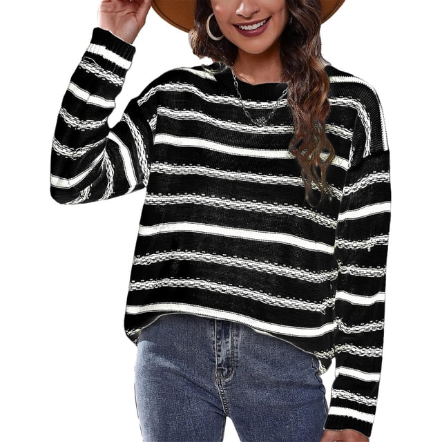 HUGFEGWE Chandail à Manches Longues Rayé pour Femmes, Col Rond, Décontracté, Automne, Noir, CJB91-48842