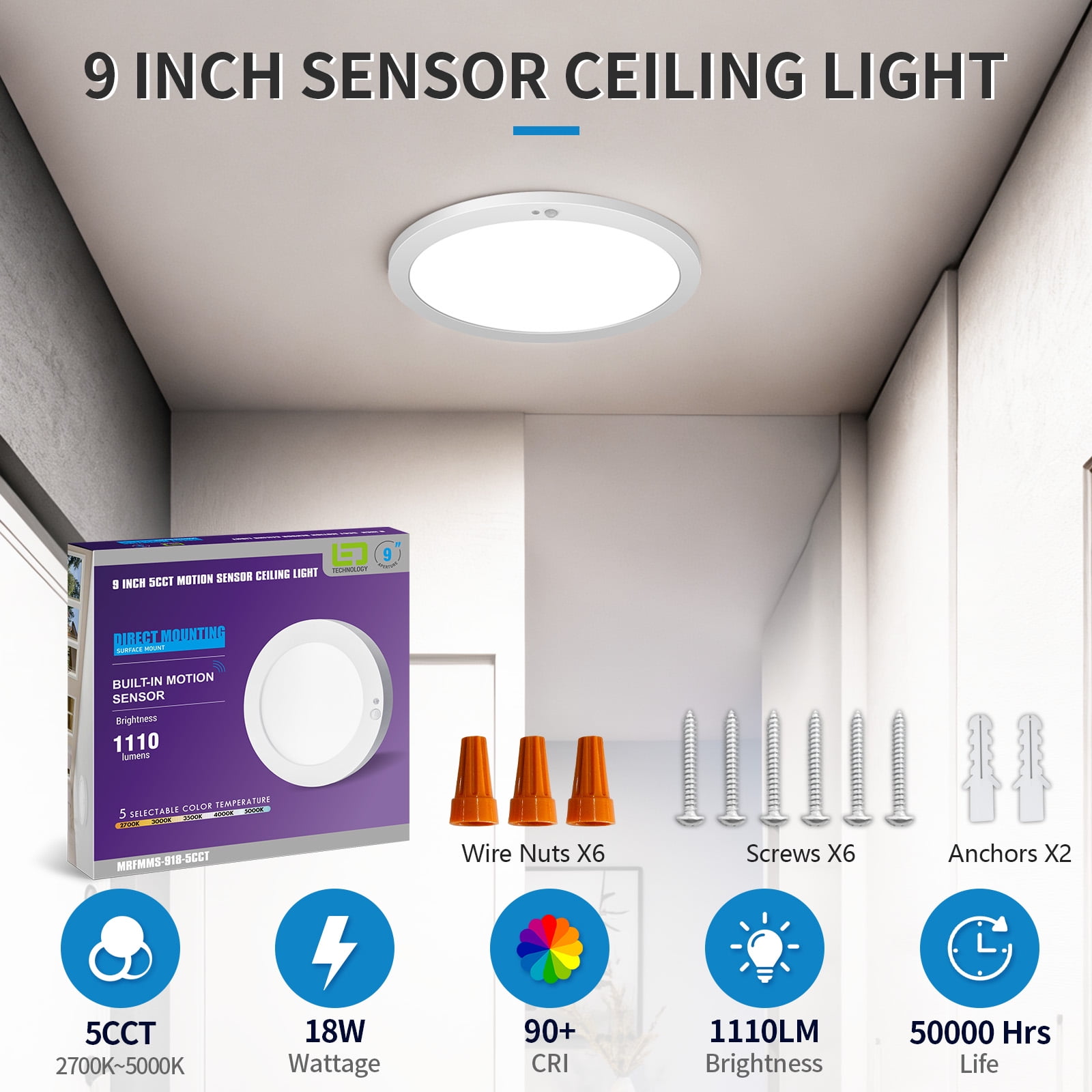 Motion Sensor Ceiling Light Indoor Wired PIR, 2700/3000/3500/4000/5000K, 9 Inch Flush Mount Motion Sensor fixture, 18W, Timer, Motion Activated Flush Mount Ceiling Light for Hallway, Pantry