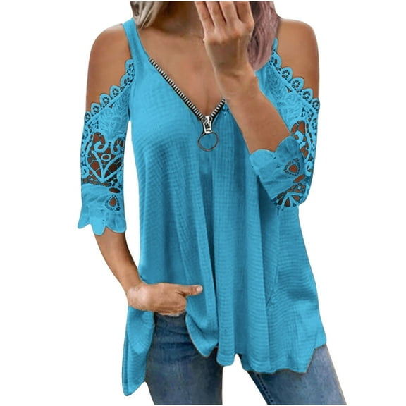 Womens Plus Size Clearance $5,Women Casual Lace Half SleeveV-Neck Zipper Hollow Out T-Shirt Blouse Tops
