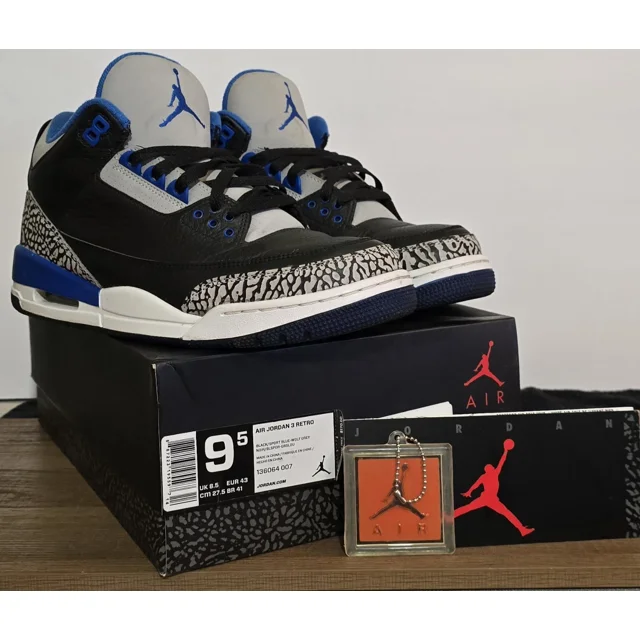 A i r-Jor-dan 3 Retro Sport Blue Mens Size 9.5 Blue Black Grey