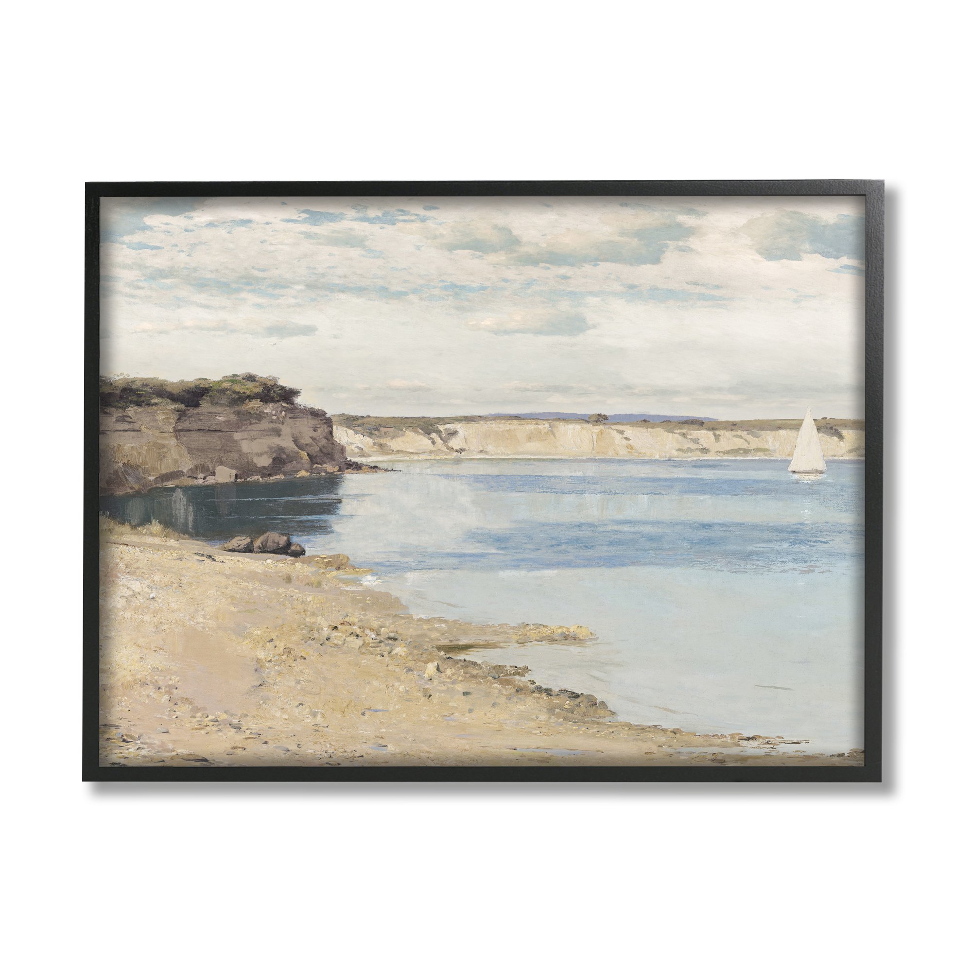 Stupell Rocky Coastal Cove Sailboat Landscape Painting Black Framed Art Print Wall Art