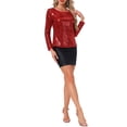 thumbnail image 2 of INSPIRE CHIC Blusa de lentejuelas brillantes para mujer, escote redondo, mangas largas, blusa de fiesta, L, Rojo, 2 of 5