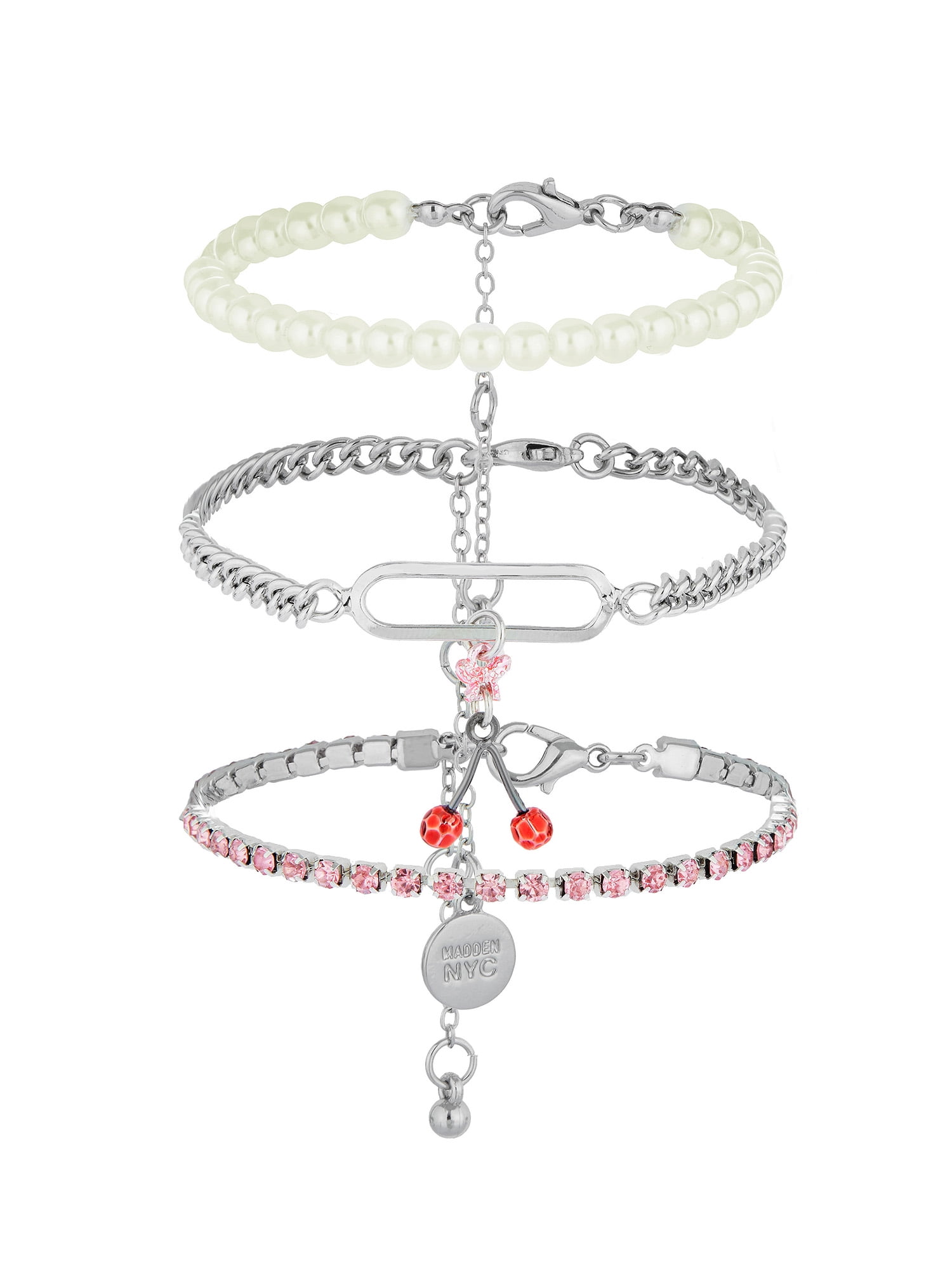 Madden NYC Women's Fashion Rhodium Cherry Mixed Charm Pearl Bracelet 3-Piece Set