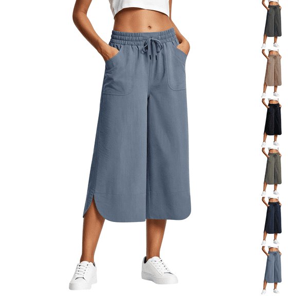 Barrel Pants for Women Cropped Linen Capris Petite Drawstring Wide Leg Cotton 2026 Casual Summer Boho Baggy Palazzo Pull On Trousers Blue XL