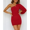 thumbnail image 2 of Women One Shoulder Ruched Bodycon Mini Dress Puff Long Sleeve 2023 Spring Summer Club Party Cocktail Short Dresses, 2 of 14