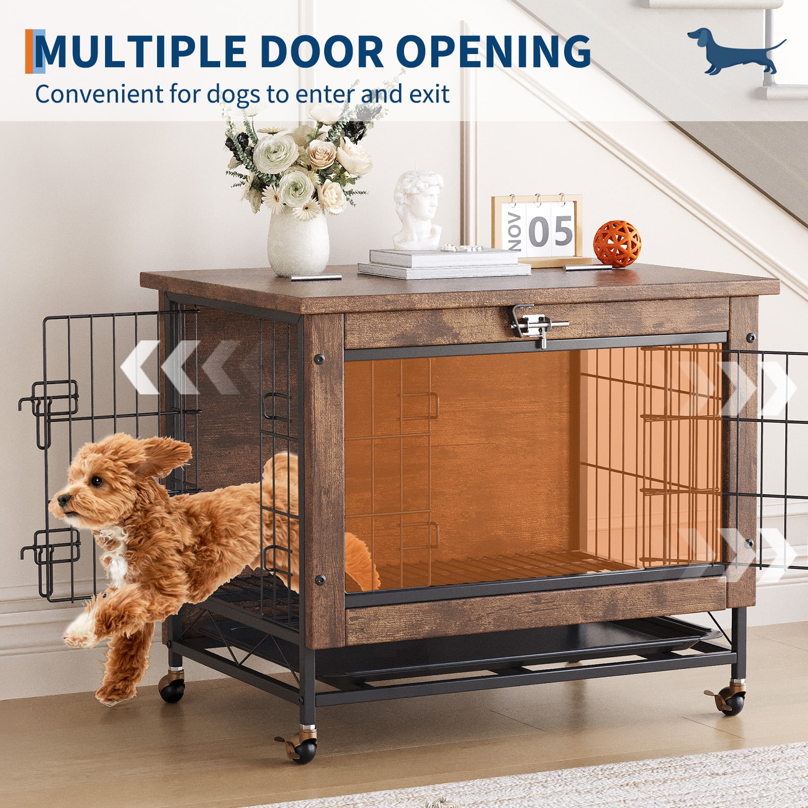 Dog Crate Furniture with 2 Doors, Indoor Small Dog Crates with Wheels, Heavy Duty Wooden Kennel Furniture, End Side Table Cage, Anti-Chew, Rustic Brown
