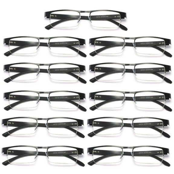 11 Pairs Mens Rectangular Metal Half Frame Reading Glasses Spring Hinge Black Readers  0.75