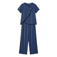 thumbnail image 5 of Pounoo Cotton Sets for Women 2 Piece Asymmetric Wrap Neck Single Button Short Sleeve Tops Contrast Edge Wide Leg Pants Casual Daily Outfits Gift, 5 of 6