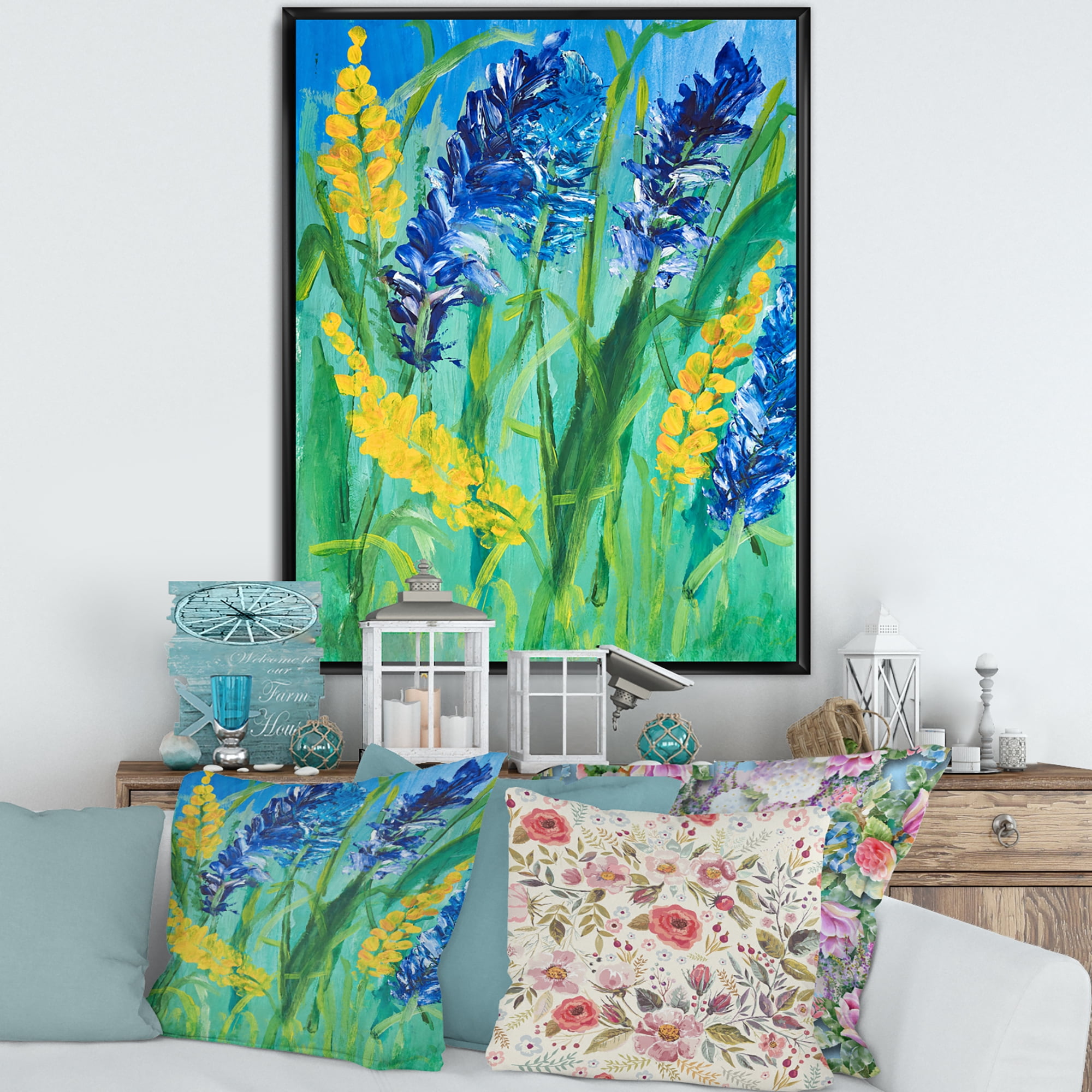 Yellow and Blue Wild Flowers and Grass Gouache 16 in x 32 in Framed Painting Canvas Art Print, by Designart