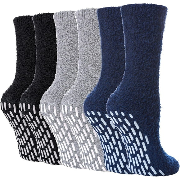 6Pairs Non Slip Socks for Women Winter Warm Cozy Fuzzy Slipper Socks Soft Fluffy Hospital Socks with Grips