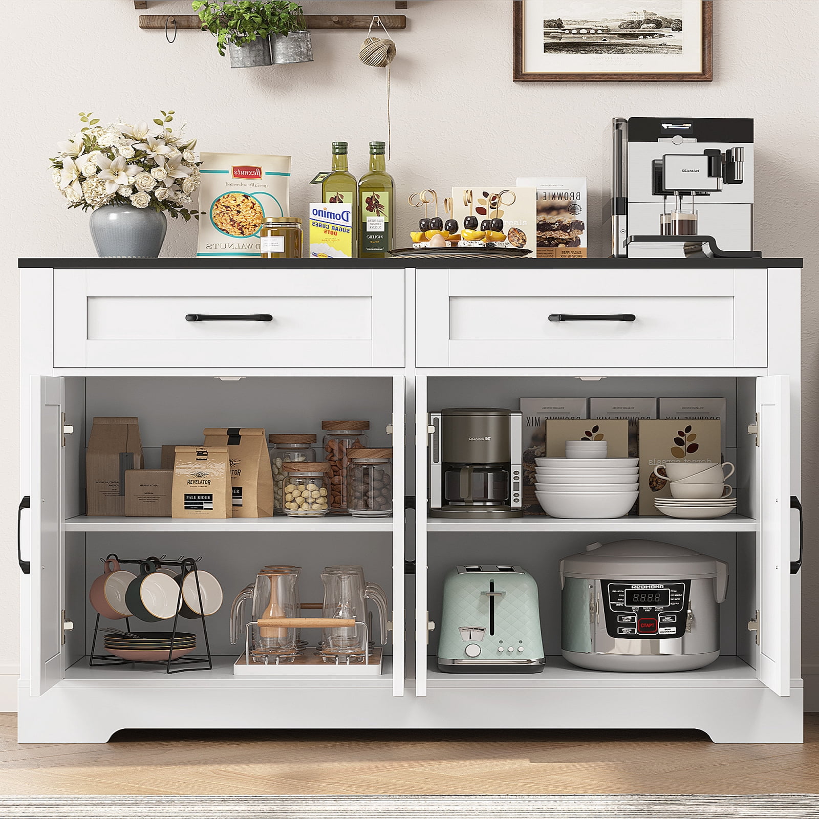 Homfa Buffet Cabinet with 2 Drawers and 4 Doors, Kitchen Sideboard Storage Cabinet, Farmhouse Coffee Bar Cabinet for Dining Room, White & Brown, Black & White