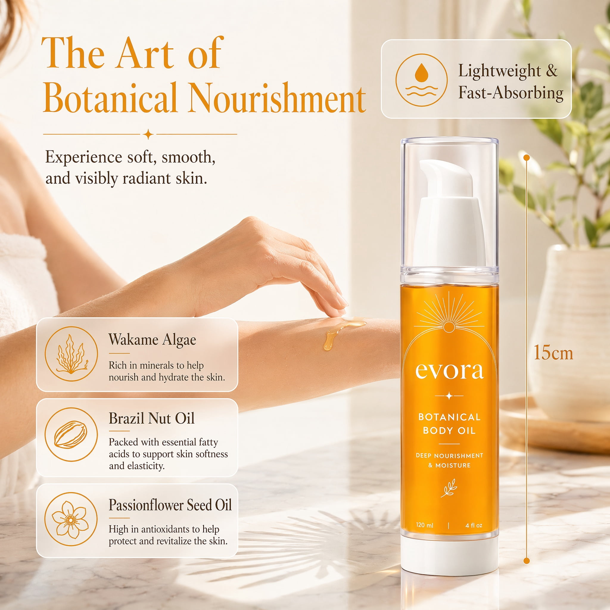 Evora Botanical Body Oil with Wakame Algae, Passionflower Seed Oil & Brazil Nut Oil, Lightweight Moisturizing Body Oil for Dry Skin, Fast Absorbing Non-Greasy Massage Oil for Smooth Soft Skin (3PC)