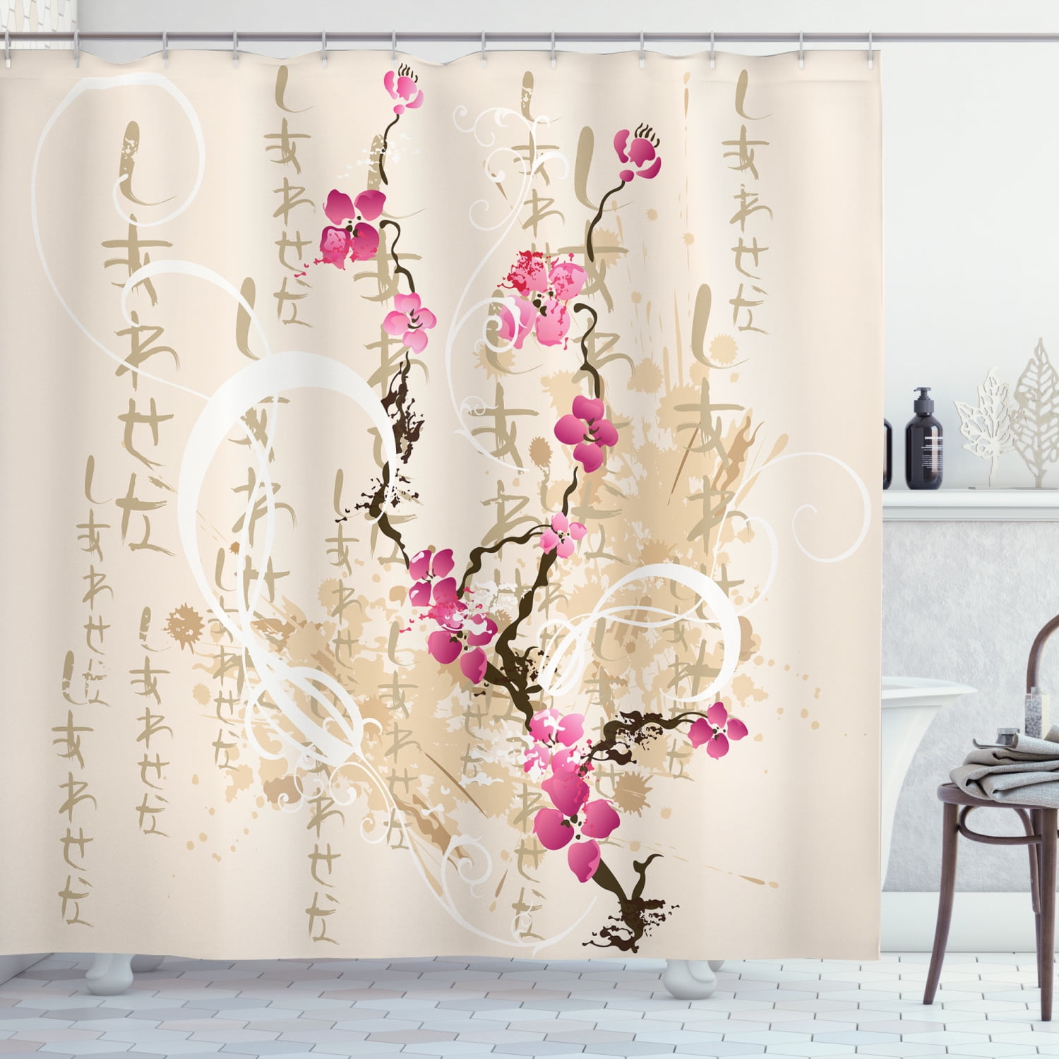 Shower Curtain Cherry Tree in Blossom Painting Pattern Bath Curtains 12 Hooks 