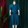 thumbnail image 4 of AURA Plus Size Summer V Neck A Line Midi Dress High Waist Short Sleeve Elegant African Work Dress with Belt, 4 of 10