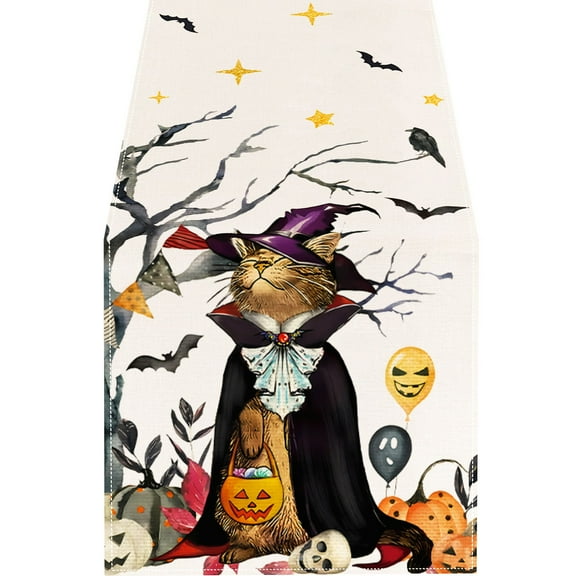 pdqouc Halloween Table Decoratiosn Linen Witch Bat & Cat Halloween Table Runner Dust & Elegant Décor Thanksgiving Table Runners 47/72/108 Inches Long Christmas Coffee Table Decor