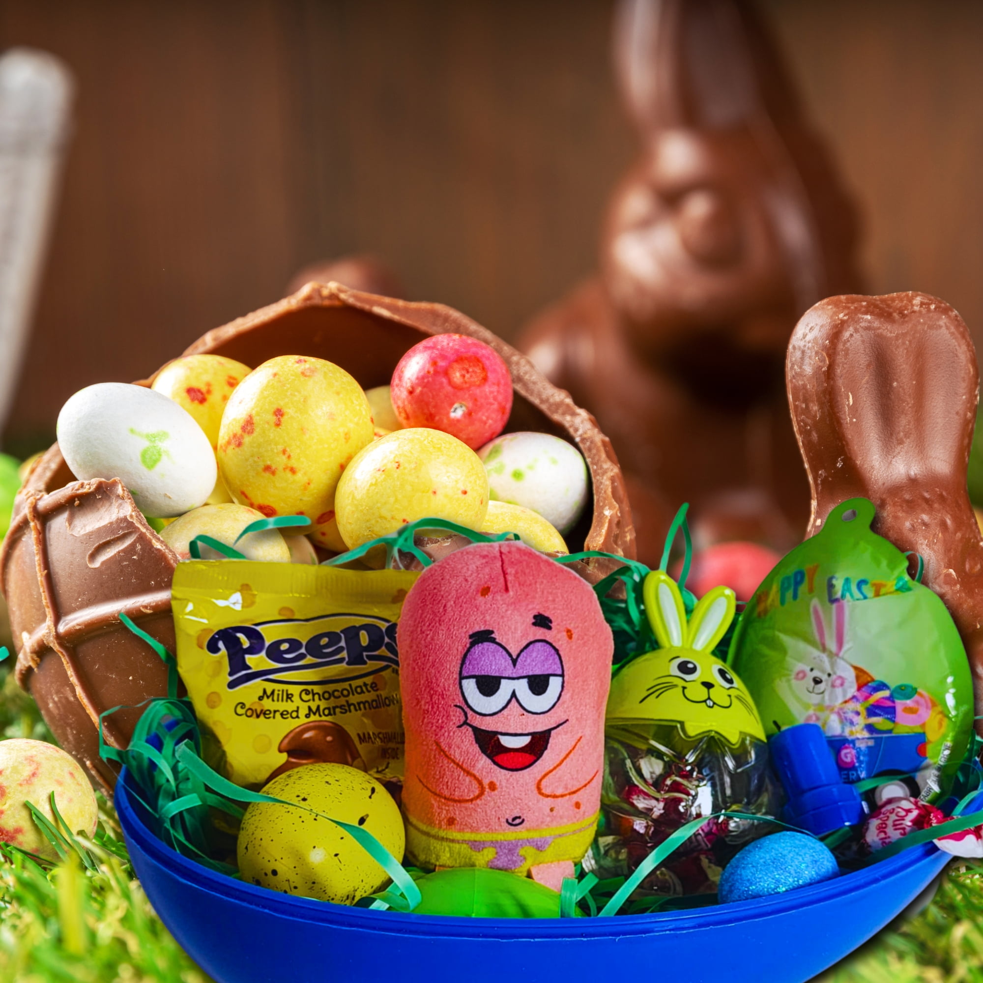 Happy Easter Basket Pre-Filled Surprise Jumbo Egg w/ Patrick Starfish Plushie Balloon Eggs Peeps Candies & Reusable Plastic Egg-Shaped Container Spring Party Favors (Contents Vary)