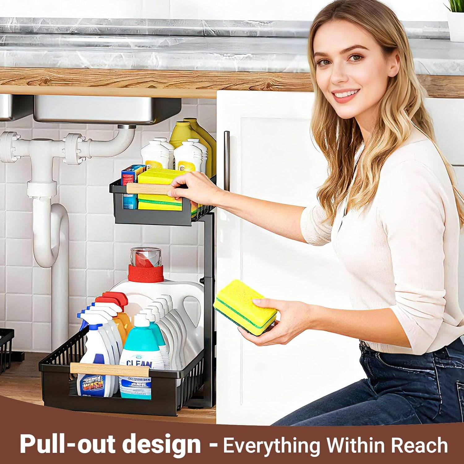 Under Sink Organizer 2-Pack Pull out Cabinet Organizer 2 Tier Metal Shelf Undersink Rack for Kitchen Bathroom Pantry Cabinet Organization and Storage, Black