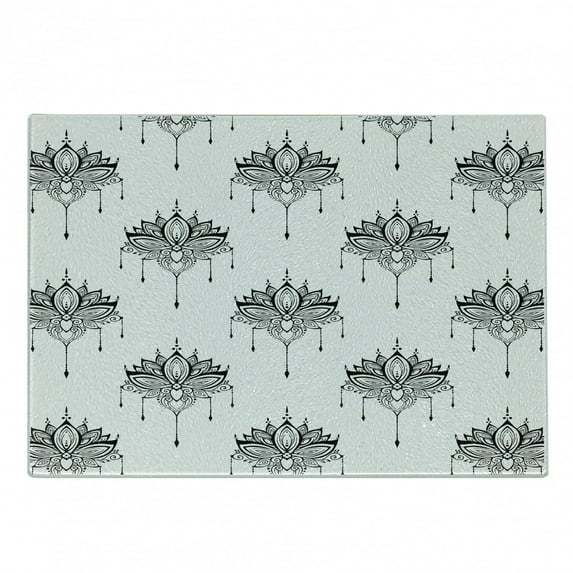 Floral Cutting Board, Bohemian Style Lotus Flowers in Monochrome Style Artistically Drawn by Hand, Decorative Tempered Glass Cutting and Serving Board, in 3 Sizes, by Ambesonne