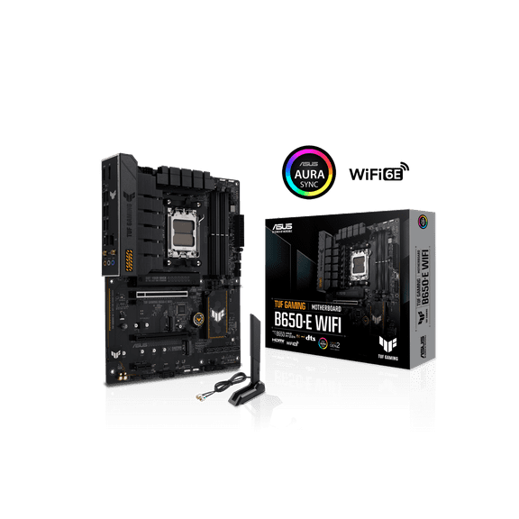 ASUS TUF GAMING B650-E WIFI AMD B650 AM5 ATX motherboard, DDR5, 8 2 teamed power stages, PCIe 5.0, a PCIe 5.0 M.2 slot, Realtek 2.5 Gb Ethernet, Wi-Fi 6E, HDMI, DisplayPort, front USB 20Gbps Type-C
