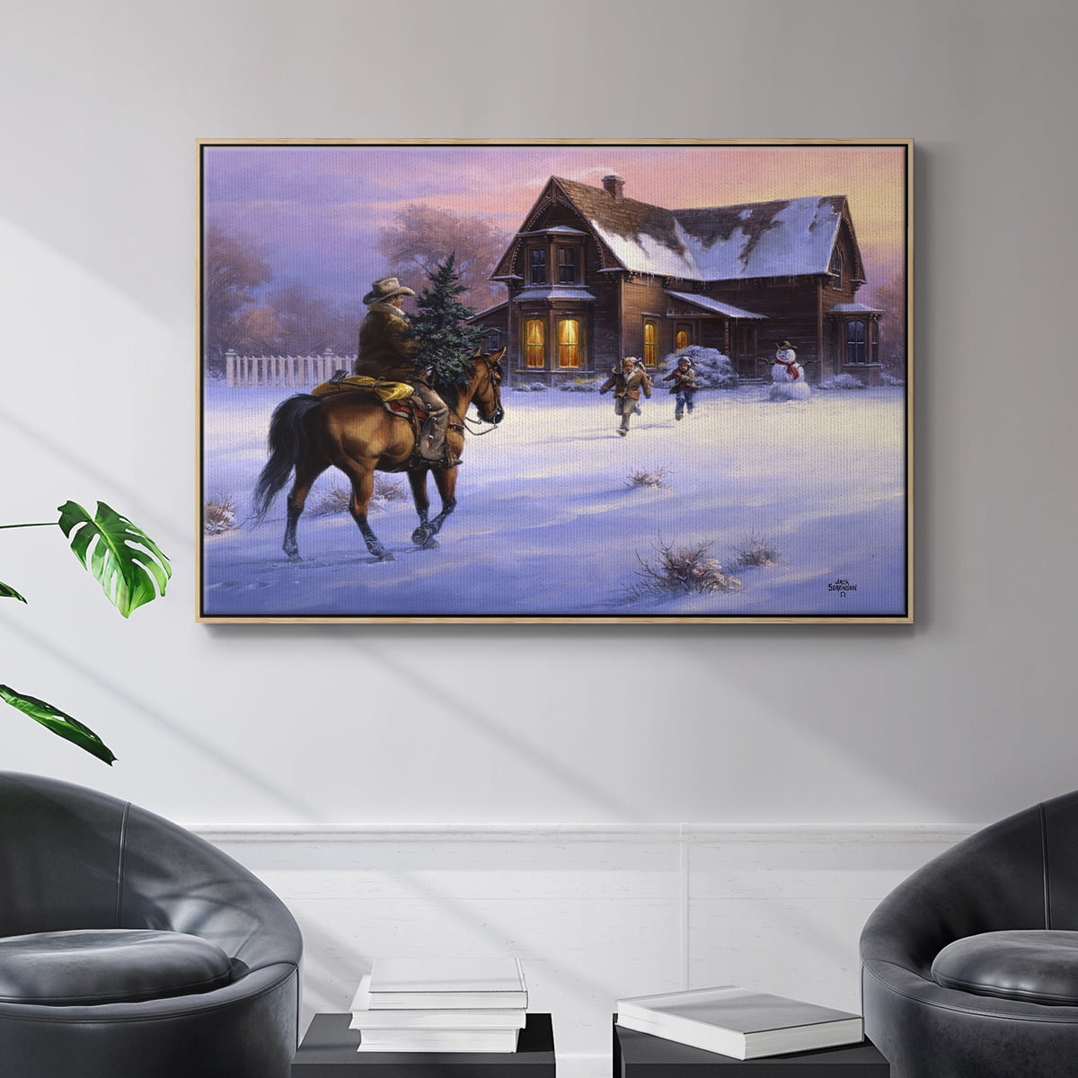 The Day Daddy Brought Home the Tree - Framed Gallery Wrapped Holiday Canvas - 25 x 37 - Natural Wood Frame