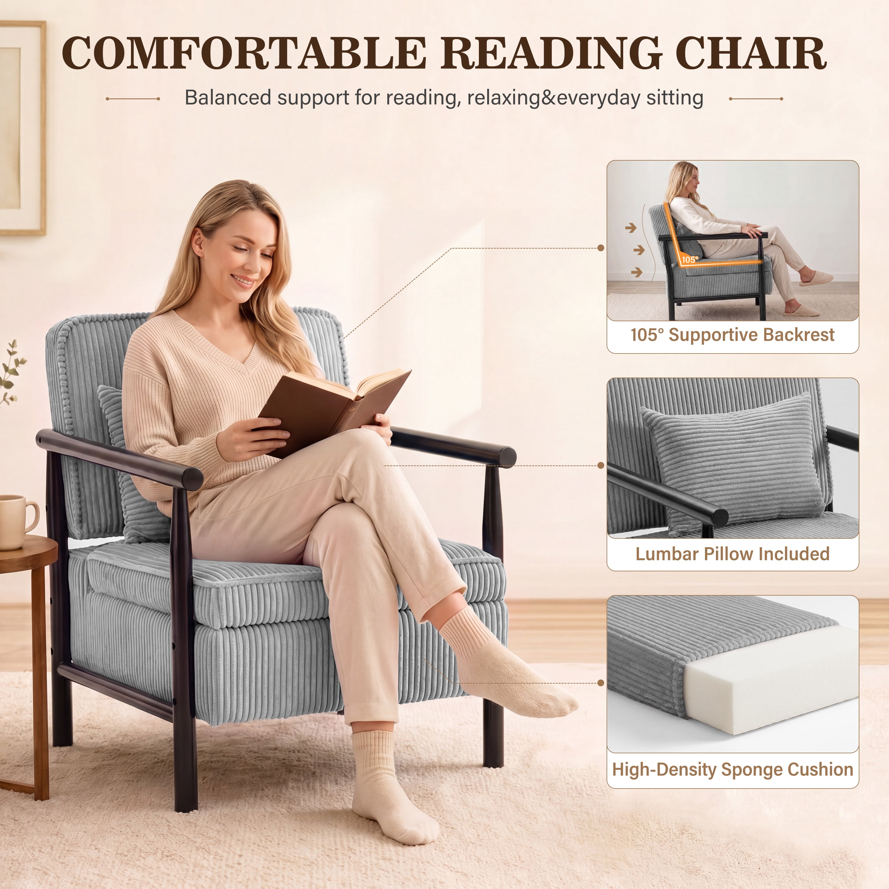 Accent Chair with Hidden Storage, LEGAHOME Antique Gray Modern Arm Chair for Living Room, Comfy Corduroy Reading Armchair for Bedroom, with Solid Wood Leg for 250lbs Weight Capacity