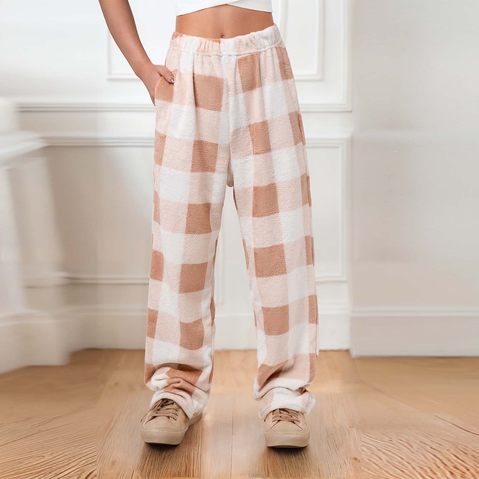 Styesk Fuzzy Pajama Pants for Women Elastic Waist Plaid Pants
