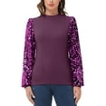 thumbnail image 6 of Women's Confetti Sequin Balloon Long Sleeve Mock Neck Pullover Sweatshirt, Purple, XX-Large, 6 of 7
