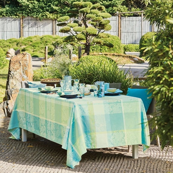 Garnier-Thiebaut USA Mille Venusta Aqua Tablecloth 69"x98", 175cmx250cm, Coated Cotton