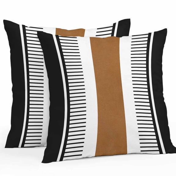 Outdoor Pillow Cover Black Brown Stripe Set of 2 Waterproof Throw Pillowcases Boho Style Decorative Patio Furniture Pillows for Couch Garden Indoor & Outdoor Use