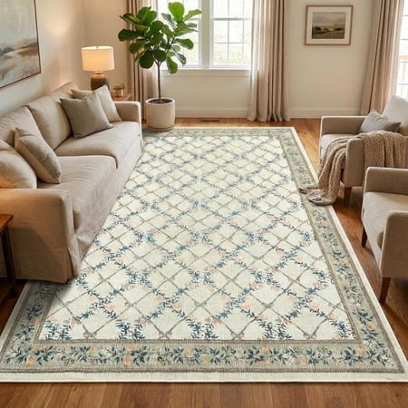 8x10 Area Rugs for Living Room Geometric Rug Washable Rug Floral Rugs for Bedroom Stain Resistant Throw Carpet Low Pile Folding Floor Cover for Nursery Playroom Apartment，Green/Beige