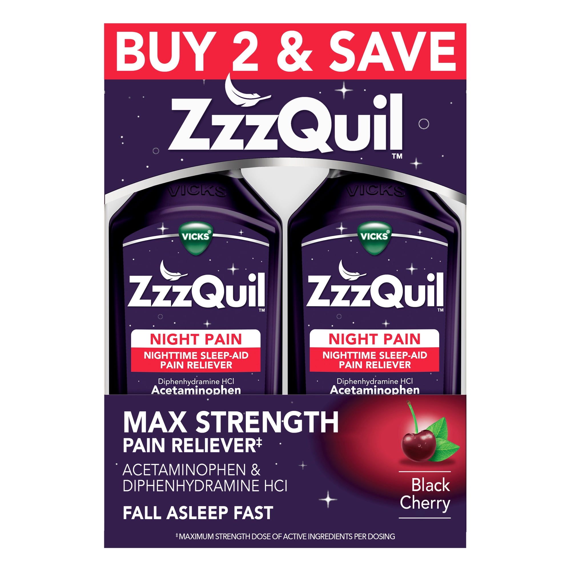 ZzzQuil Liquid Pain Reliever, Sleep Aid, Black Cherry Flavored, 2 Pack, 24 fl oz