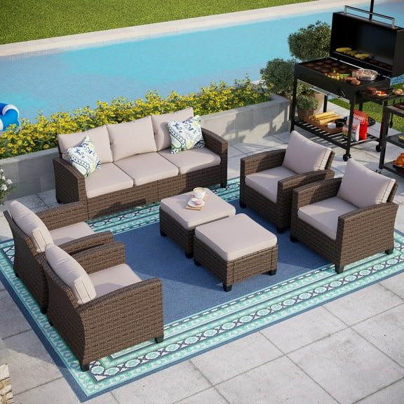 MF Studio 9-Seat Outdoor Patio Conversation Set Wicker Furniture Sofa Set Beige