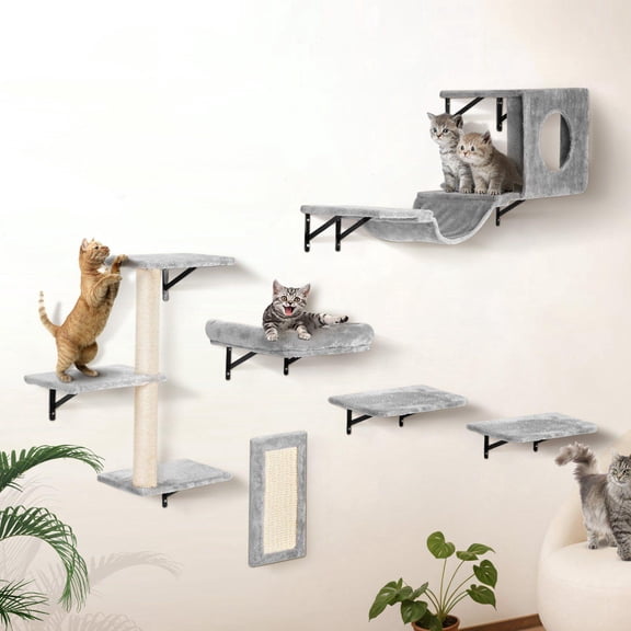 Wall Mounted Cat Shelves Set of 6 with Jumping Boards Hammock Sofa Cat Tree and Grip Supports 40 lbs for Sleeping Playing Climbing