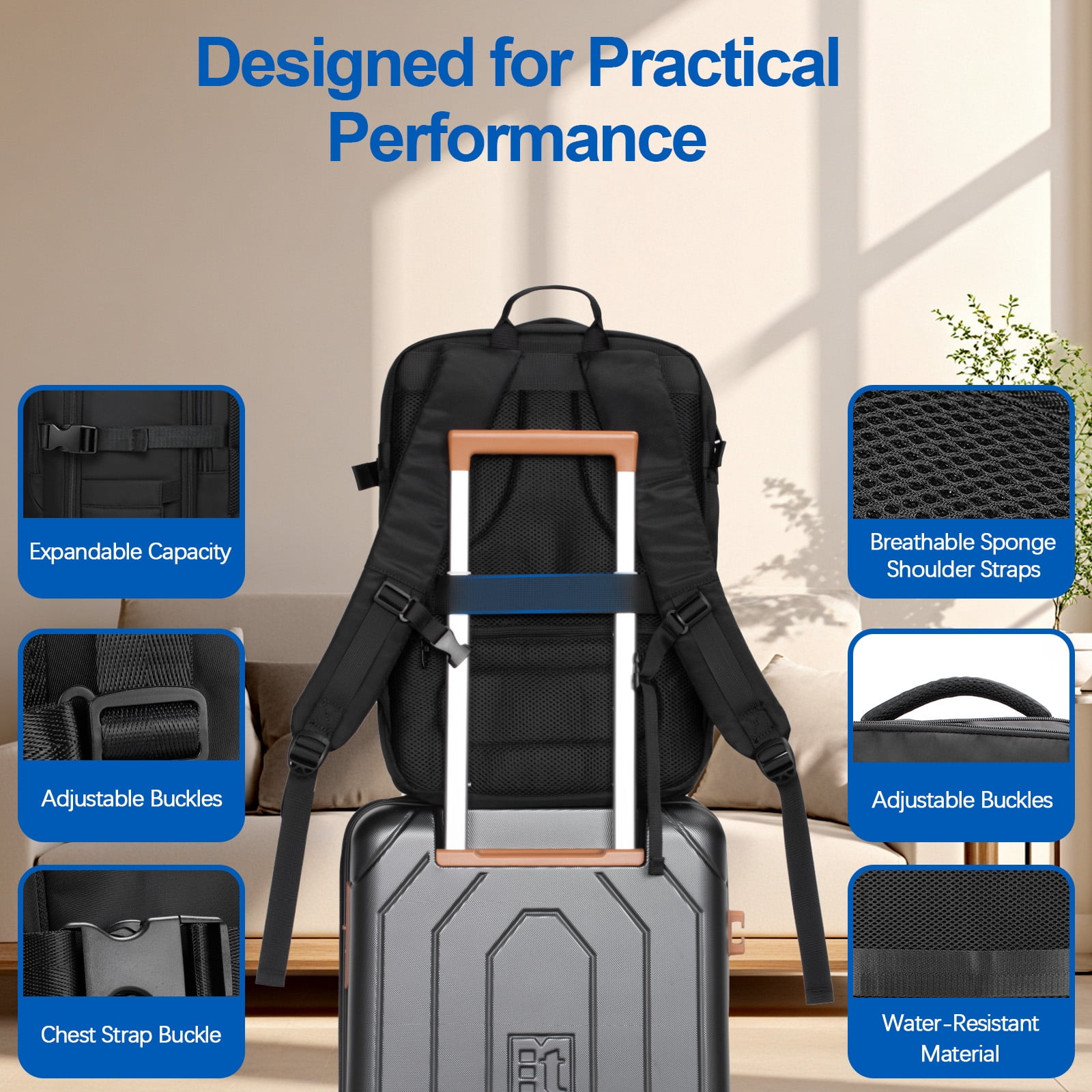 Fenbeli 45L Expandable Travel Laptop Backpack, Water-Resistant Business Backpack with USB Charging Port
